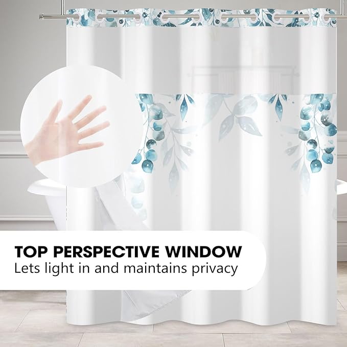No Hook Shower Curtain with Snap in Fabric Liner Set Hotel Style Blue Eucalyptus Leaves Shower Curtain with Liner for Bathroom Washable 71x74 Inch