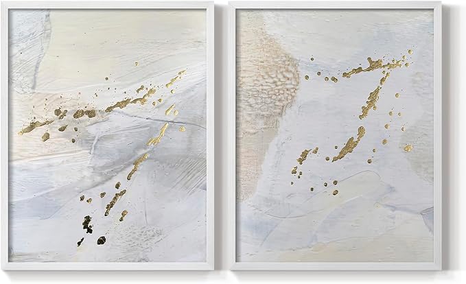 Renditions Gallery Set of 2 Peel & Stick Framed Prints, Modern Abstract Wall Art, Gold Sprinkle Oil Painting Wall Decor, Re-Stickable - Ready to Hang - 11"x14" - White Frame LT588