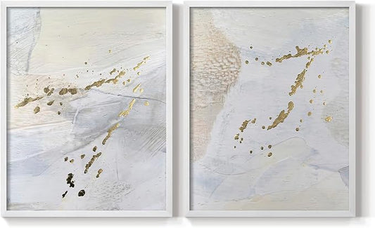 Renditions Gallery Set of 2 Peel & Stick Framed Prints, Modern Abstract Wall Art, Gold Sprinkle Oil Painting Wall Decor, Re-Stickable - Ready to Hang - 11"x14" - White Frame LT588