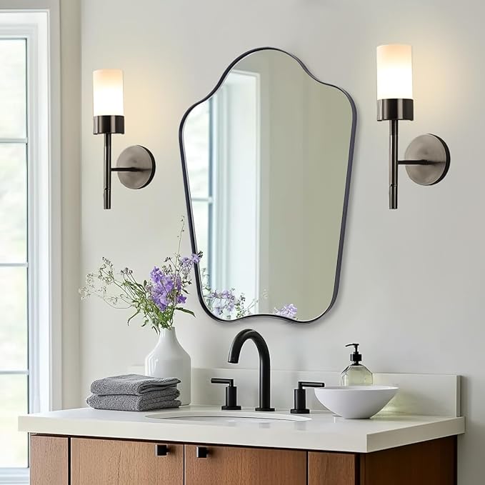 ANDY STAR Scalloped Bathroom Mirror, 24x36 Black Irregular Mirror with Curved Design, Wavy Wall Mirror for Vanity, Powder Room, Stainless Steel Frame, Anti-Rust