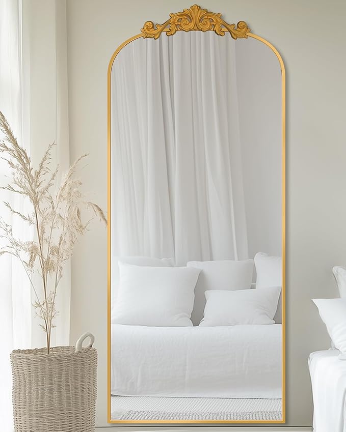 Antok Arched Full Length Mirror, 65"x22" Floor Mirror with Carved, Full Body Mirrors for HomeDecor, Standing/Halling Large Wall Mirror for Bedroom, Living Room, Cloakroom, Gold, Retro Style