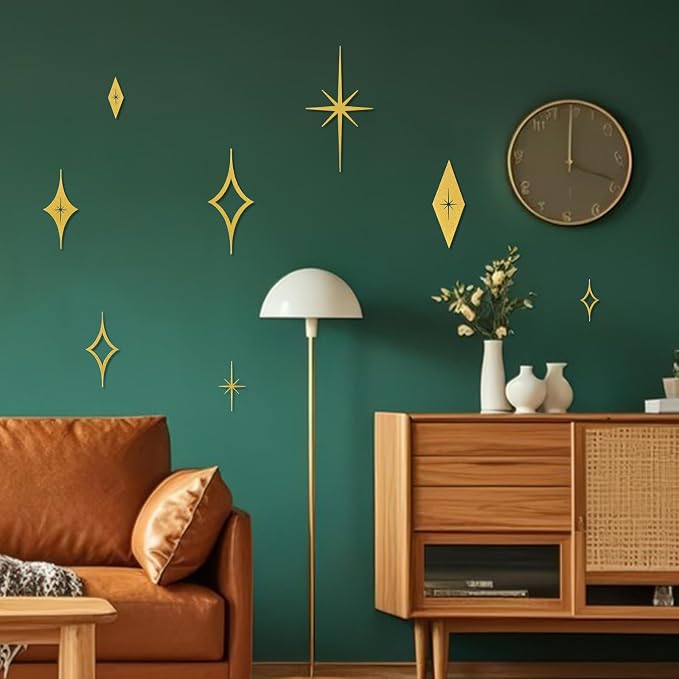 Bnesi 8 Piece Metal Mid Century Modern Wall Art Decor Vintage Style Gold Starburst Metal Wall Art Decor Mid Century Modern Star Bursts Decor for Living Room Bedroom Home Bathroom (Gold)