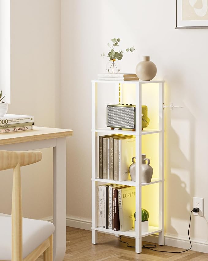 Open Book Shelf with LED Lights, 4 Tier Small Bookshelf, Narrow Freestanding Shelf Bookcase with Open Shelves, 14.96" x 10.63" x 41.26", Book Shelves for Living Room, Office, Study, White
