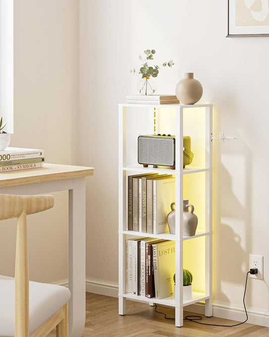 Open Book Shelf with LED Lights, 4 Tier Small Bookshelf, Narrow Freestanding Shelf Bookcase with Open Shelves, 14.96" x 10.63" x 41.26", Book Shelves for Living Room, Office, Study, White