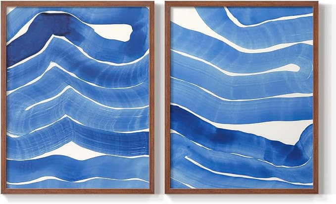 Renditions Gallery Set of 2 Peel & Stick Framed Prints, Watercolor Abstract Wall Art, Bold Brushstrokes in Shades of Blue Wall Decor, Re-Stickable - Ready to Hang - 16"x20" - Walnut Frame LT588