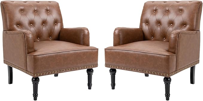 MOJAY Faux Leather Accent Chair Set of 2, Mid-Century Modern Living Room Chair Lounge Study Sofa Chair with Sturdy Wood Legs, Club Chair Armchair for Bedroom Home Study Reception (Brown)