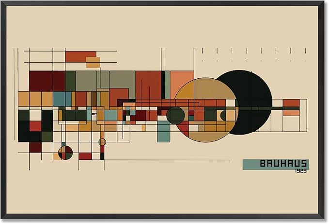 Bauhaus 1923 Geometric Framed Poster Modernist Bauhaus Style Earth Tone Grid Canvas Wall Art Circles And Rectangles Prints Painting For Home Bedroom Dorm Wall Decor 24x36in Framed