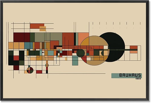 Bauhaus 1923 Geometric Framed Poster Modernist Bauhaus Style Earth Tone Grid Canvas Wall Art Circles And Rectangles Prints Painting For Home Bedroom Dorm Wall Decor 8x10in Framed