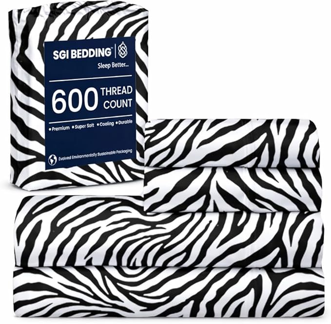 SGI bedding 100% Egyptian Cotton Sheets Twin XL Size – 600 Thread Count Sheets Set, Soft, Cooling, 15" Deep Pocket, Luxury Hotel Bedding, Breathable, Durable - Zebra Print