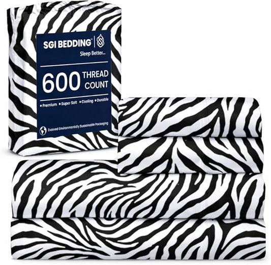 SGI bedding 100% Egyptian Cotton Sheets Queen Size – 600 Thread Count Sheets Set, Soft, Cooling, 15" Deep Pocket, Luxury Hotel Bedding, Breathable, Durable - Zebra Print