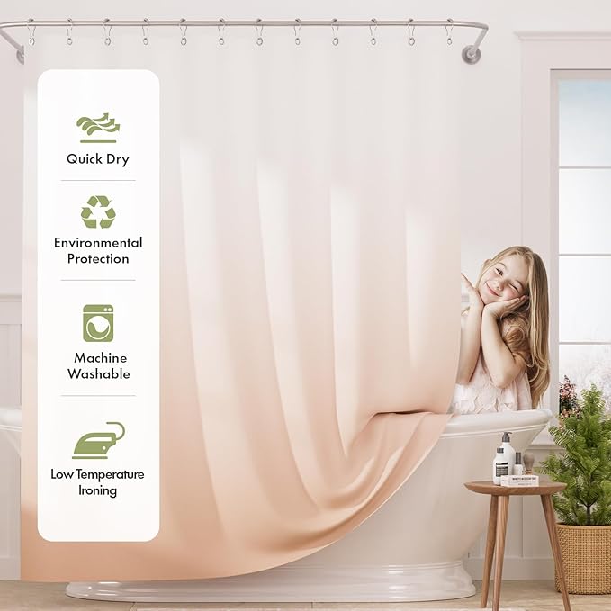 AmazerBath Fabric Shower Curtain, Cloth Khaki Shower Curtain Set with 12 Hooks, Washable Fabric Ombre Khaki and White Shower Curtain, Rustic Modern Bathroom Shower Curtain, 72x72 Inches