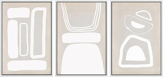 SIGNWIN Framed Canvas Print Wall Art Set Mid-Century Boho Geometric Polygons Abstract Shapes Cozy Neutral Modern Art Decorative Contemporary Minimal for Living Room, Bedroom, Office - 16"x24"x3 White