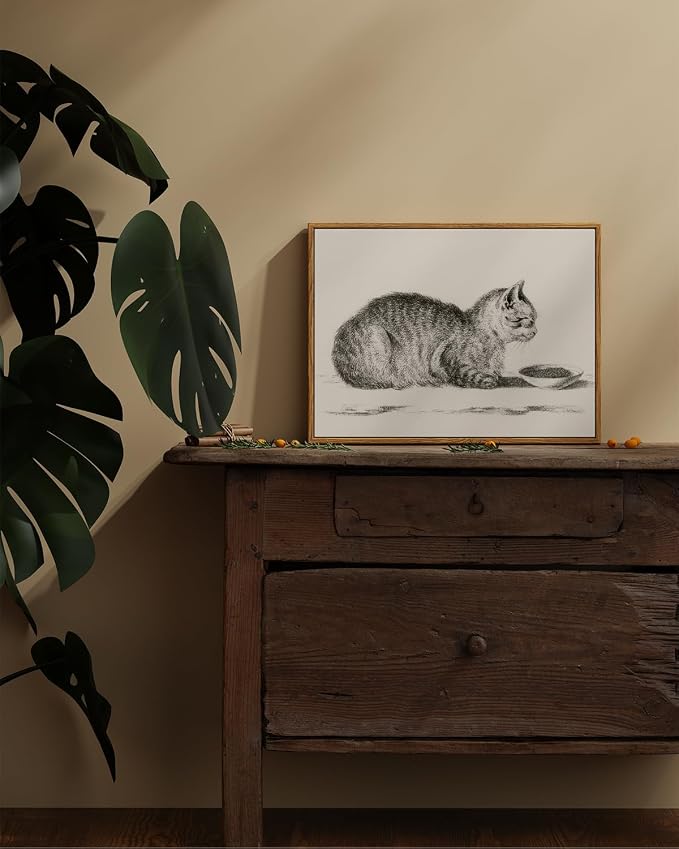 ARPEOTCY Vintage Framed Canvas Wall Art, Cute Cat Wall Art for Livingroom Bathroom Decor Pictures, Vintage Rustic Retro Prints for Bedroom Kitchen Home Decor Aesthetic(12x16 Inch)