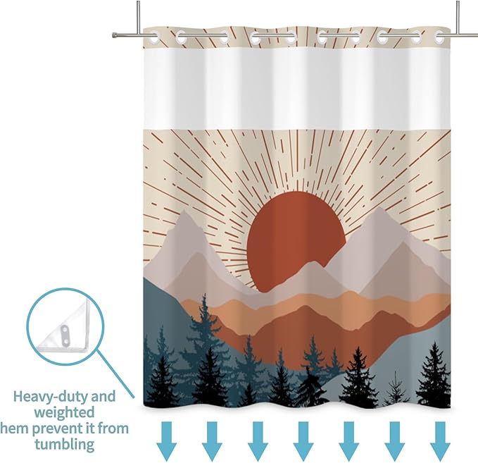 No Hook Boho Shower Curtain with Snap in Liner Set Mid Century Shower Curtains for Bathroom Decor Abstract Modern Sun Minimalist Aesthetic Waterproof Polyester Fabric 71x74 Inch