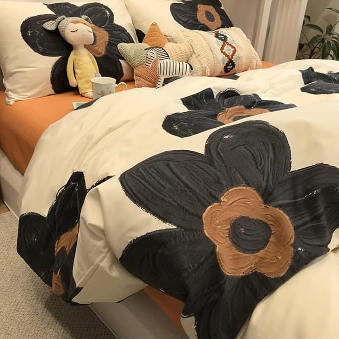 Pureant Black Sunflower Comforter Sets Queen Black and White Floral Bedding Comforters Cotton Women Girls Boho Black Botanical Quilts Large Flower Blankets Garden Adults Teens Bohemian Rustic Bedding