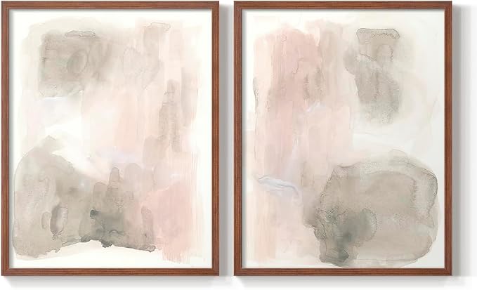 Renditions Gallery Set of 2 Peel & Stick Framed Prints, Watercolor Abstract Wall Art, Nude Color Neutral Aesthetic Wall Decor, Re-Stickable - Ready to Hang - 11"x14" - Walnut Frame LT588