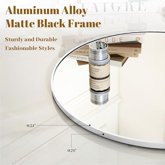 VooBang White Round Bathroom Mirror, 20 inch Circle Mirror,with Simple Metal Frame, Modern Round Hanging for Bathroom, Hallway, Livng Room (White Frame)