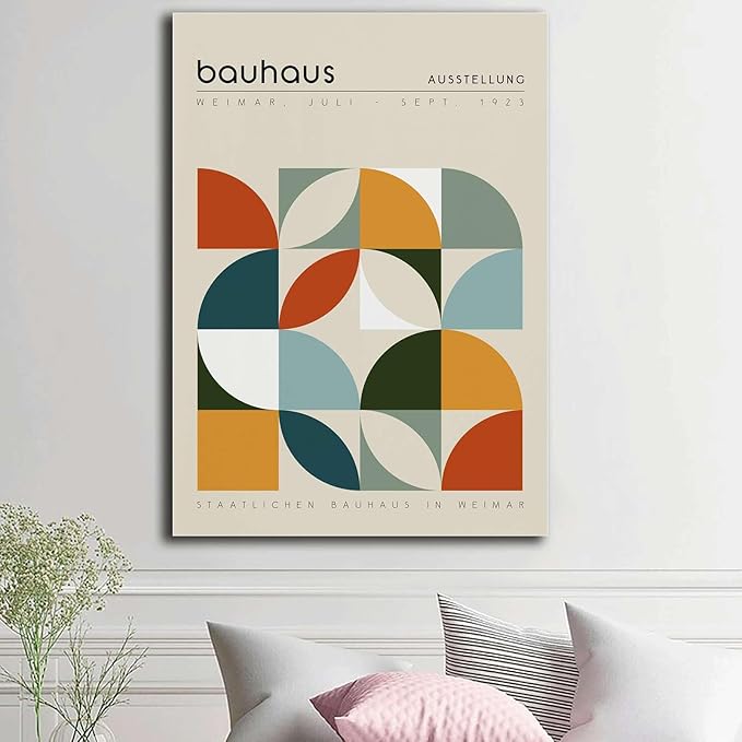 Canvas Painting Poster and Print Pictures Bauhaus Exhibition Poster Geometric Print Abstract Wall Art Mid Century Modern Beige Orange Sage Decor Modern Home and Bedroom Decoration 8x12inch wood Frame