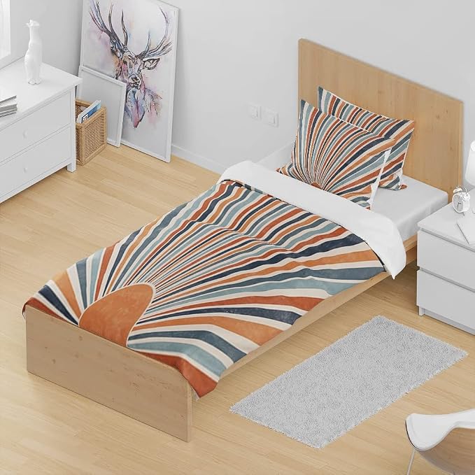 Boho Colorful Sunrise Duvet Cover Set King Size Boho Abstract Mid Century Orange Comforter Cover Minimalist Art Lightweight Soft Bedding Set 3 Pcs Breathable Bedding Set with 2 Pillowcase