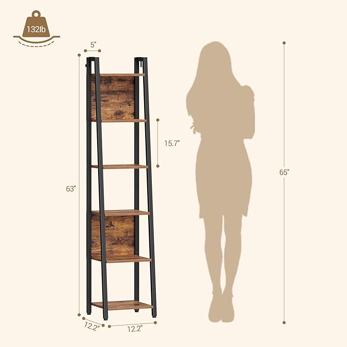 Hzuaneri Ladder Shelf, 6-Tier Narrow Bookshelf with 2 Back Panels, Industrial Ladder Shelf with 2 Hooks, for Home Office, Living Room and Bedroom, 12.2" D x 12.2" W x 63" H, Rustic Brown BC31601B