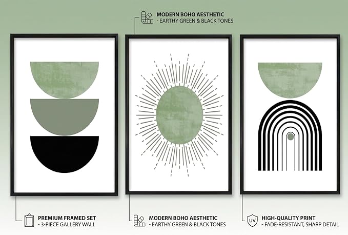 Black Frame Boho Abstract Geometric Wall Art Mid Century Canvas Wall decor Sun and Moon Paintings Prints Green Minimalist Art for Living Room Bedroom Office Decor( 12 x 16 in Black Alloy Framed)