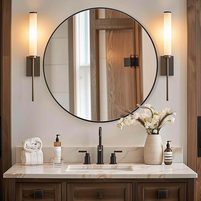 ANDY STAR Round Bathroom Mirror, Round Black Mirror 32 inch, Matte Black Circle Mirror with Anti-Rust Stainless Steel Metal Frame, Modern Vanity Mirror Wall Mount, Easy to Install