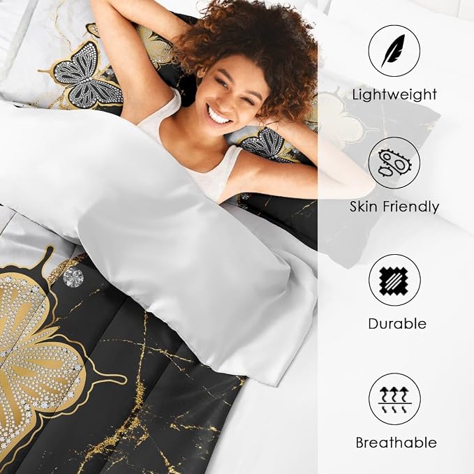 Marble Black Gold King Comforter Set, Butterfly Crystal Diamond Silver Bedding Set 3 Piece, All Season Soft Toddlers Children Adults Bedroom Bed Decoration Comforter and 2 Pillow Shams