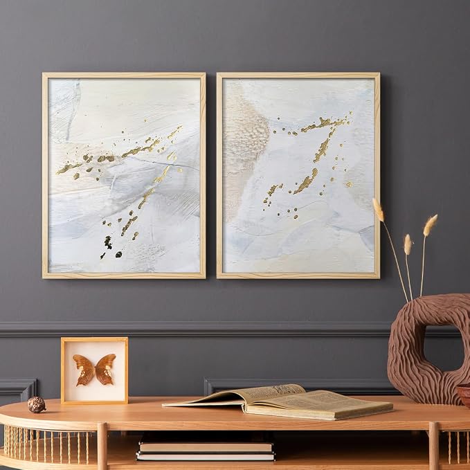 Renditions Gallery Set of 2 Peel & Stick Framed Prints, Modern Abstract Wall Art, Gold Sprinkle Oil Painting Wall Decor, Re-Stickable - Ready to Hang - 8"x10" - NATURAL WOOD Frame LT588