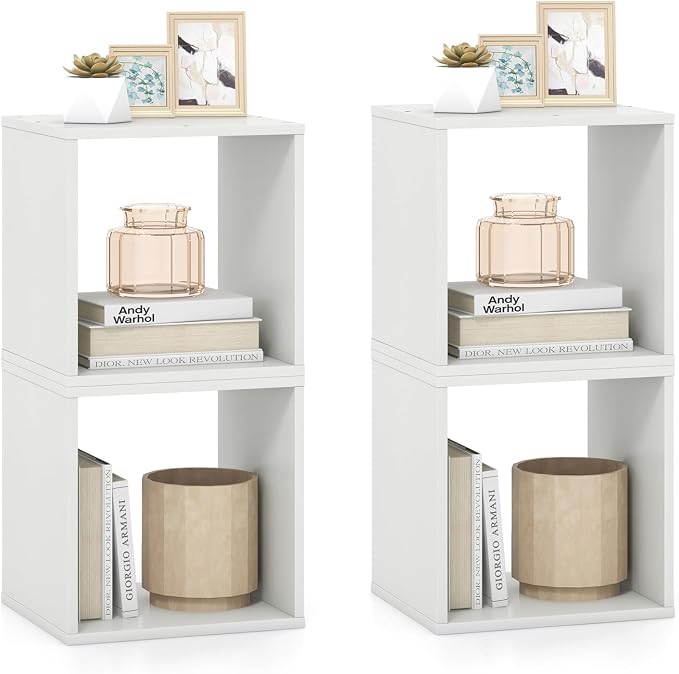 LOKO Stackable 2 Cube Storage Organizer Set of 2, Freestanding Cubby Storage Bookcase with Anti-toppling Device, 2-Tier Bookshelf, Combinable Record Player Stand for Living Room Study (2, White)