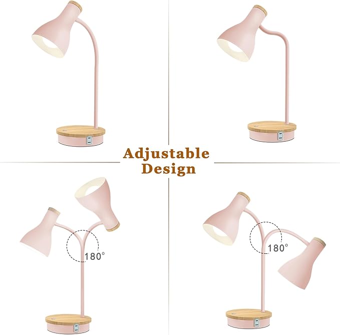 LALISU Metal Desk Lamp Wireless Charging Table Lamp Touch Reading Lights Arc Desk Lamps for Bedroom, 3 Way Dimmable Bedside Lamp with USB Charging Ports Lamp for Study Room and Office (Touch-Pink)