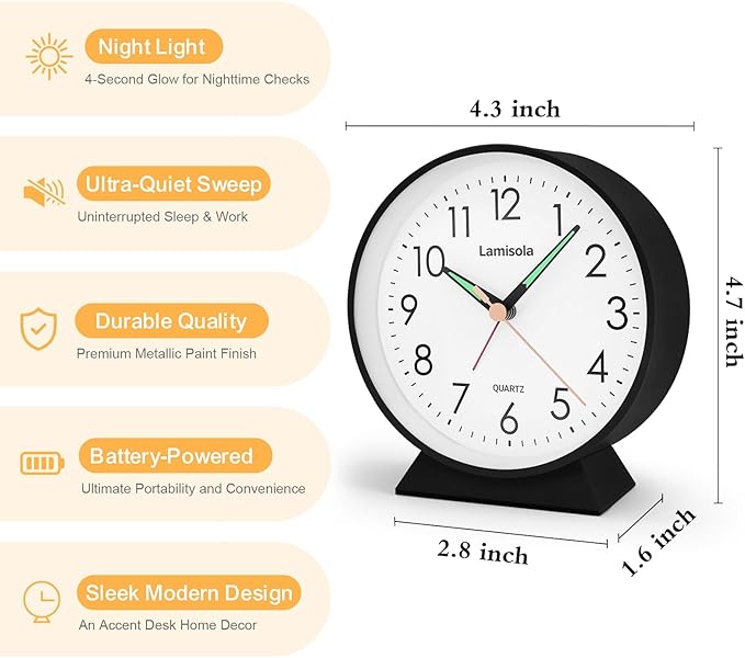 4.5 Inch Small Silent Analog Alarm Clock, Retro Battery Operated Desk Clock with Night Light Stays On 4 Seconds Vintage Metal Table Clock for Bedside, Nightstand, Bedroom, Office, Bathroom - Black