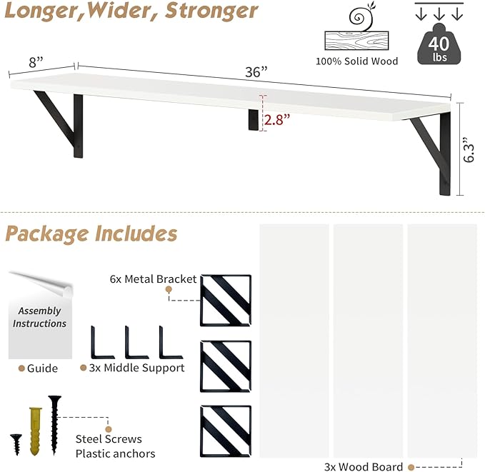 Forbena White Floating Book Shelves for Wall, 36 Inches Long Wall Shelves with Metal Brackets for Bedroom, Large Floating Bookshelf Bookshelves for Living Room Office Classroom (White Wood)
