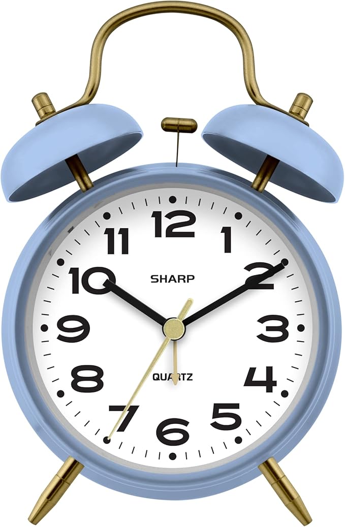 Sharp Twin Bell Alarm Clock, Loud Alarm Great for Heavy Sleepers - Stylish Matte Finish with Rustic Bronze Accents, Battery Operated (Matte Cornflower Blue)