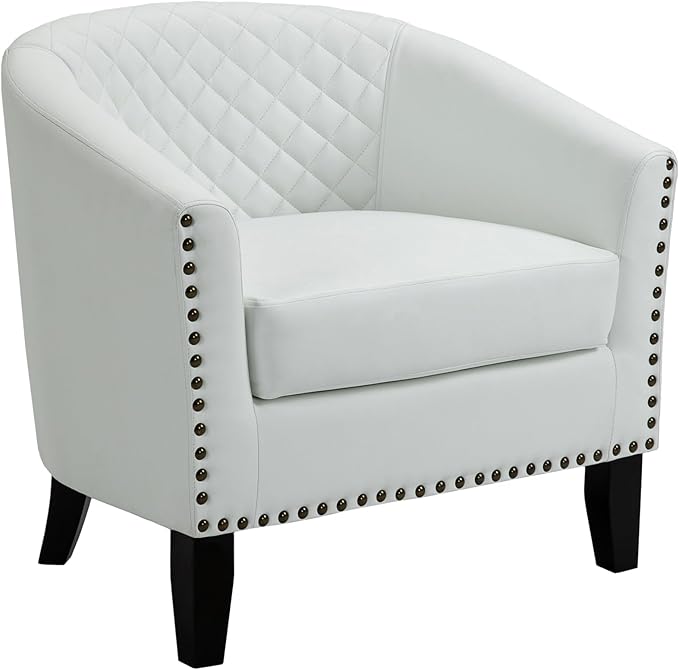 UIXE Faux Leather Barrel Accent Chairs Set of 4, Modern Club Upholstered Arm Chair, Comfy Armchair Nailed Trim Living Room Single Sofa Reading Seat Bedroom Side Sitting for Office, White
