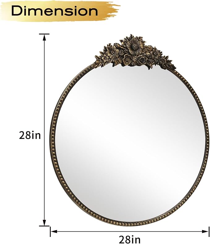 Vintage Round Mirror, 28" Baroque Style Circular Mirror, Antique Metal Frame Wall Mirror, Traditional Art Home Decor for Dressing Table, Bathroom or Bedroom,Retro Black