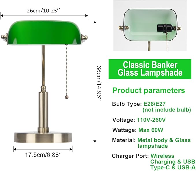 FIRVRE Glass Bankers Desk Lamp with USB Wireless Charging Port, LED Desk Lamp with Classic Retro Pull Chain Switch, Green Glass Lampshade with Brass Finish for Home Office Bedside Study Library