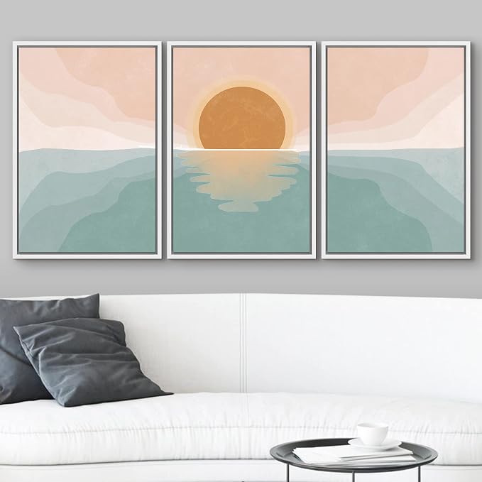 wall26 Framed Canvas Print Wall Art Set Pastel Mountain Range Forest Dawn Abstract Nature Illustrations Modern Art Nordic Decorative Minimal Boho for Living Room, Bedroom, Office - 16"x24"x3 White