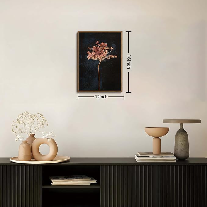WALLZK Vintage Framed Wall Art Moody Botanical Wall Decor Dark Dried Flower Minimalist Canvas Prints Pictures Rustic Retro Artwork for Walls Living Room Bedroom Bathroom 12"x16"