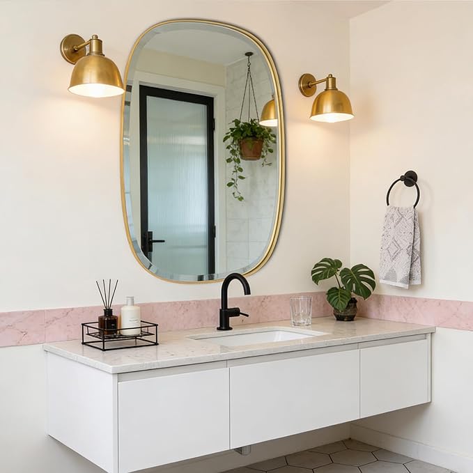 POZINO Brushed Gold Beveled Mirror, 24"x40" Modern Rounded Rectangle Mirrors, Brass Oval Mirrors, Oblong Vanity Wall Mirror in Premium Stainless Steel Frame, Hangs Horizontal Or Vertical