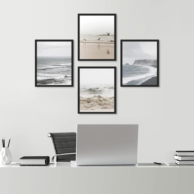 SIGNWIN Framed White Minimal Ocean Beach Seashore Coastals Wall Art, Set of 4 Landscape Colorful Wall Decor Prints, Nature Wilderness Wall Décor for Living Room, Bedroom - 11"x14" Black