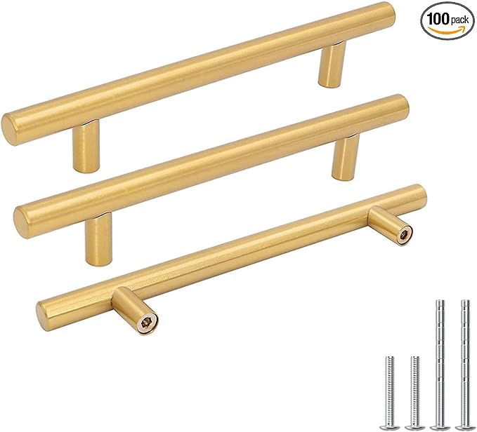 Goldenwarm 100 Pack Brushed Brass Cabinet Cupboard Drawer Door Handle Pull Knob for Furniture Kitchen Hardware 5in Hole Centers