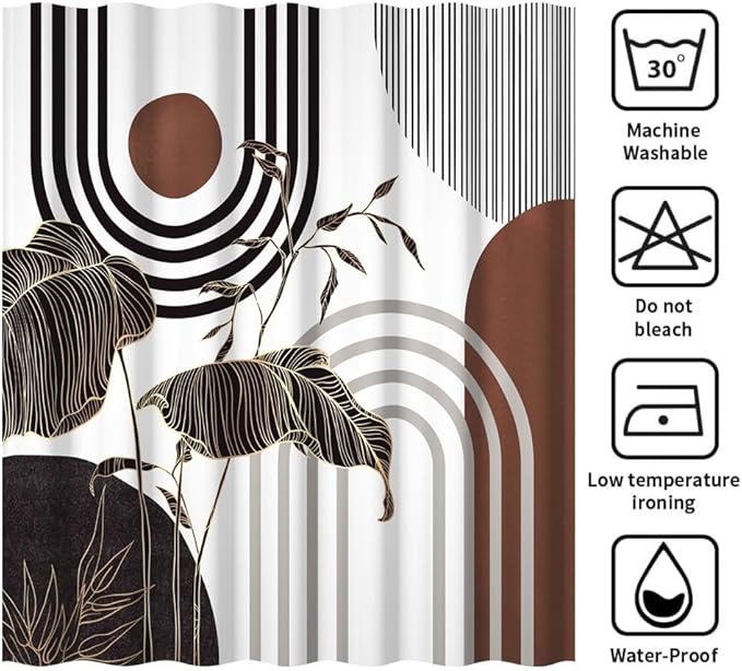 Mid Century Boho Shower Curtain for Bathroom Modern Abstract Aesthetic Bathroom Decor Set Black Gold Leaf Sun Arch Bathtub Curtains Machine Washable Waterproof Polyester Fabric with Hooks 69x75 Inch