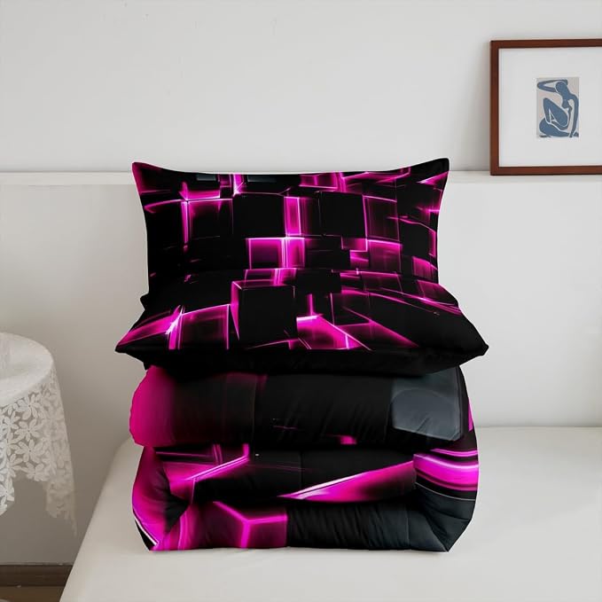 Erosebridal Honeycomb Square Comforter Set for Kids Girls 3D Geometric Square Bedding King, Pink Black Neon Lights Bedding Sets, Gradient Print Duvet Insert with 2 Pillow Cases