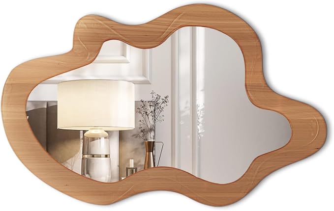 36" x 24" Irregular Wall Mirror, Wooden Framed Asymmetrical Wavy Wall Mirror for Living Room Bedroom Entryway Bathroom Modern Decorative, Hanging Hooks