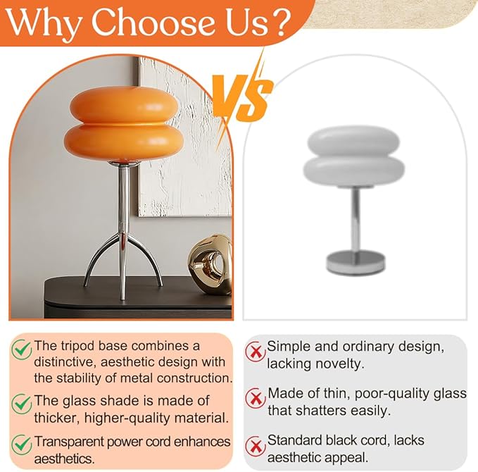 Orange Mushroom Table Lamp Chrome Tripod Base Bedside Lamp Mid Century Modern Lamp Bauhaus MCM Glass Nightstand Lamp for Bedroom Bathroom Livingroom