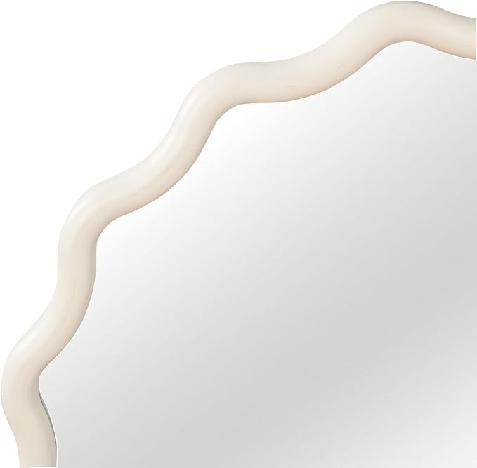 36 Inch Wooden Wavy Round Wall Mirror, Modern Solid Wood Frame Circle Decorative Accent Mirror for Bedroom, Bathroom, Living Room, Entryway, White