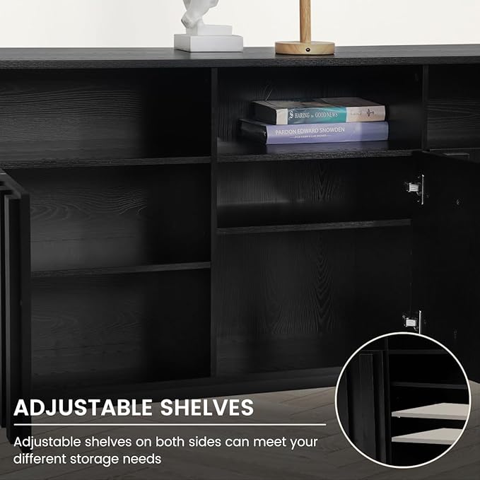 COCO DESIGN 70" Buffet Sideboard Cabinet with Fluted Panel Doors, Large Credenza Console with Power Outlet & Adjustable Shelves, Modern Storage Cabinet for Kitchen & Living Room, Black