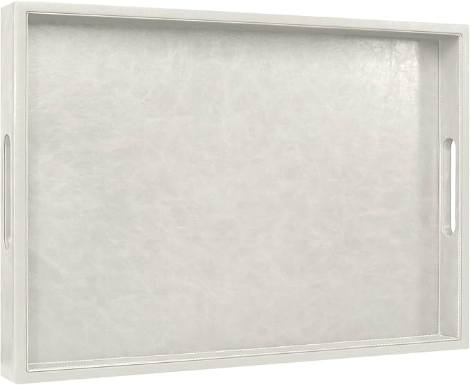 20 * 14 inches Leather Rectangle Serving Tray with Hole Handles,High-End Light Large Service Tray for Ottoman Tray, Tea, Food, Butler - Countertop, Kitchen,Family Dinner, Picnic (White)