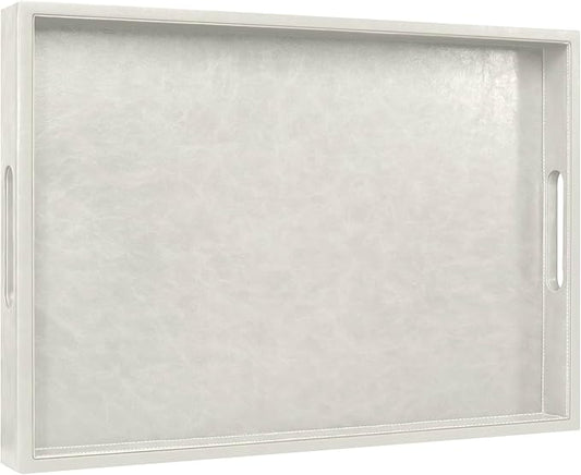 20 * 14 inches Leather Rectangle Serving Tray with Hole Handles,High-End Light Large Service Tray for Ottoman Tray, Tea, Food, Butler - Countertop, Kitchen,Family Dinner, Picnic (White)