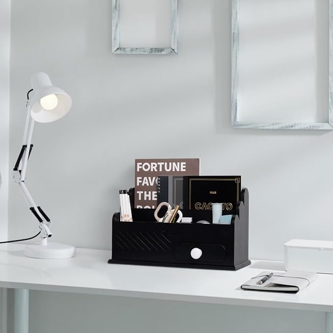 5 Compartments Real Wood Desk Accessories Organizer Countertop Mail Holder 13 x 8 inch Office Workspace Organization with Drawer for File, Pen, Pencil, Black